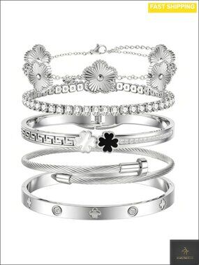 18K Silver Plated Stainless Steel Stackable Bangle Clover Charm Bracelet Set